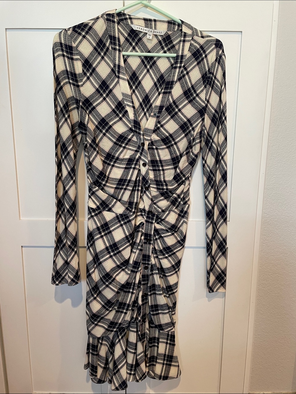 Veronica Beard Black and White Plaid Ruched Button-Front Long Sleeve Dress